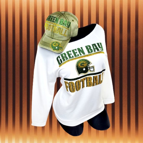 Green Bay Football White Sweatshirt with Shiny Glitter Lettering & Crystals. - Picture 4 of 6